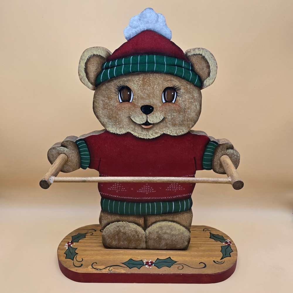 Vintage Christmas Wooden Teddy Bear Towel Holder Hand Painted Folk Art Holiday - Picture 4 of 16